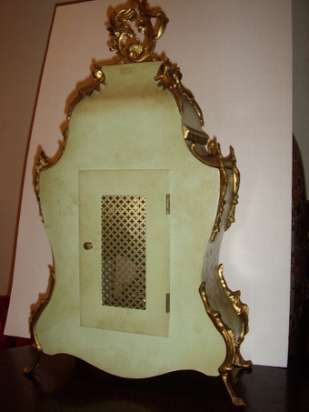 Antique FRENCH LOUIS STYLE ORMOLU BRACKET CLOCK (Twin Bell Ringing Copy ) PAINTED CASE WITH PORCELAIN ROMAN NUMERALS. 