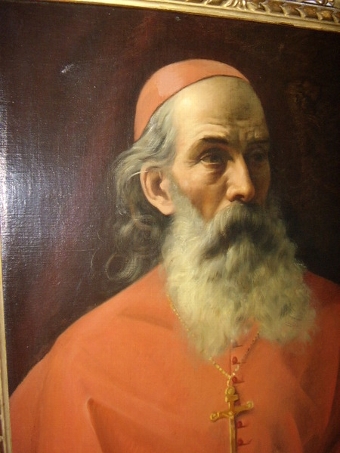 Antique ITALIAN SCHOOL PORTRAIT OF A CARDINAL IN RED ROBE WEARING CRUCIFIX IN QUALITY FLORENTINE CARVED GILTWOOD FRAME C1800-25 
