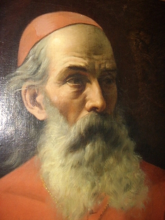 Antique ITALIAN SCHOOL PORTRAIT OF A CARDINAL IN RED ROBE WEARING CRUCIFIX IN QUALITY FLORENTINE CARVED GILTWOOD FRAME C1800-25 
