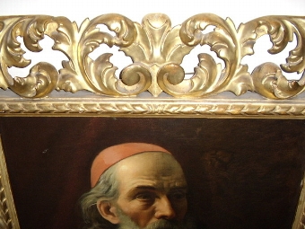 Antique ITALIAN SCHOOL PORTRAIT OF A CARDINAL IN RED ROBE WEARING CRUCIFIX IN QUALITY FLORENTINE CARVED GILTWOOD FRAME C1800-25 