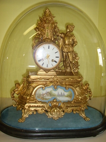 Antique FRENCH GILT CLOCK SET UNDER GLASS DOMES c1850-60 