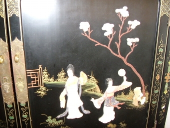 Antique ORIENTAL PAINTED CABINET WITH CARVED SOAPSTONE DECORATION. 