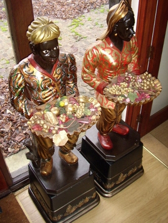 Antique PAIR ART DECO VENETIAN BLACKAMOORS IN CARVED GILT WOOD HOLDING CARVED SHELLS.  