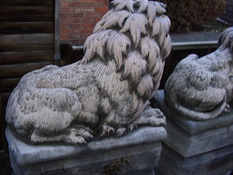 Antique PAIR OF STONE LIONS ON RAISED PLINTHS