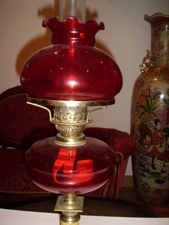 Antique VICTORIAN CRANBERRY GLASS OIL LAMP WITH POLISHED BRASS & MARBLE STEM C1850 