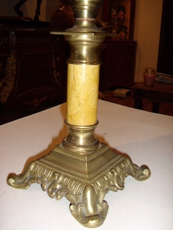 Antique VICTORIAN CRANBERRY GLASS OIL LAMP WITH POLISHED BRASS & MARBLE STEM C1850 