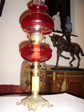 Antique VICTORIAN CRANBERRY GLASS OIL LAMP WITH POLISHED BRASS & MARBLE STEM C1850 