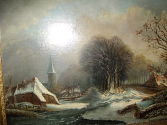 Antique VICTORIAN DUTCH WINTER LANDSCAPE OIL ON CANVAS C1850-1880 