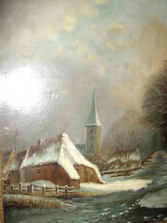 Antique VICTORIAN DUTCH WINTER LANDSCAPE OIL ON CANVAS C1850-1880 