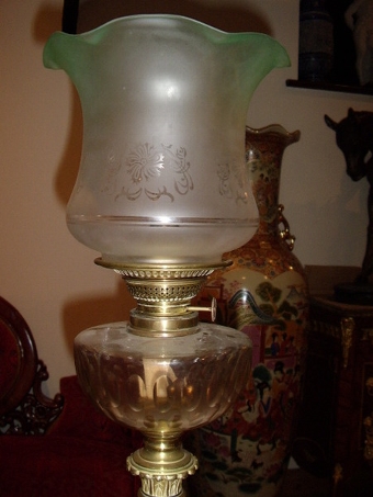 Antique VICTORIAN OIL LAMP WITH CUT GLASS BOWL & MARBLE AND BRASS STEM C1880-90 