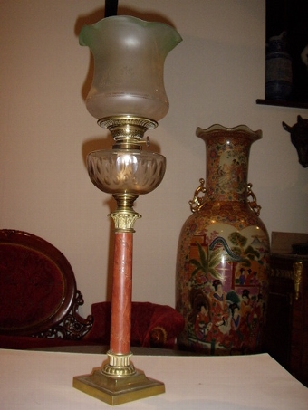 Antique VICTORIAN OIL LAMP WITH CUT GLASS BOWL & MARBLE AND BRASS STEM C1880-90 