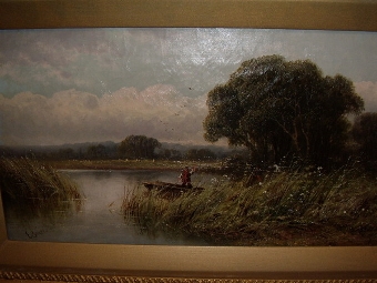 Antique VICTORIAN OIL ON CANVAS OF NORFOLK BROADS WITH MAN 
