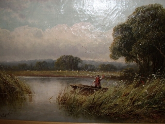 Antique VICTORIAN OIL ON CANVAS OF NORFOLK BROADS WITH MAN 