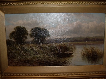 Antique VICTORIAN OIL ON CANVAS OF THE NORFOLK BROADS SIGNED E BAKER PUNTING ONE OF A PAIR