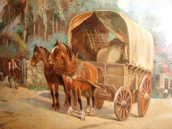 Antique  OIL PAINTING DEPICTING HORSES BEING WATERED & SIGNED W.H 1928  51 X 40 INCHES