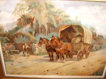 Antique  OIL PAINTING DEPICTING HORSES BEING WATERED & SIGNED W.H 1928  51 X 40 INCHES