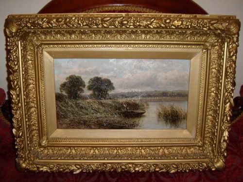 VICTORIAN OIL ON CANVAS OF THE NORFOLK BROADS SIGNED E BAKER PUNTING ONE OF A PAIR