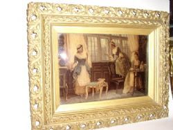 VICTORIAN CHRYSTOLEON PAINTING ON GLASS IN ORNATE FRAME C1840-50 