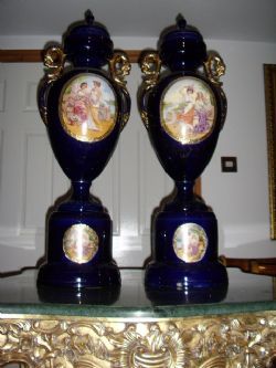 A FINE PAIR OF AUSTRIAN VIENNA VASES ON STANDS C1900 / NEARLY 3 ft.HIGH 