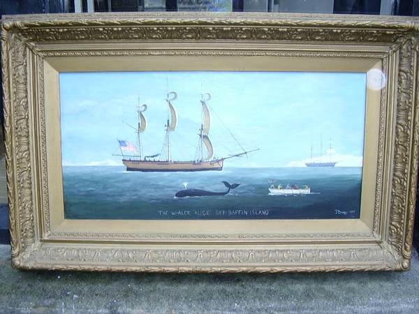 HISTORIC SIGNED OIL PAINTING DEPICTING A WHALING SCENE OFF OF BAFFIN ISLAND BY J.BRIGGS DATED 1897  
