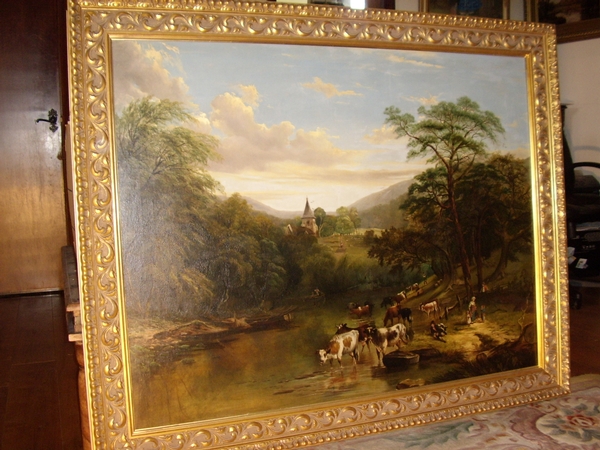 LATE 18TH CENTURY LANDSCAPE OIL PAINTING ON CANVAS BY THOMAS PRITT ENGLISH SCHOOL  OF CATTLE WATERING 50 X 61 INS