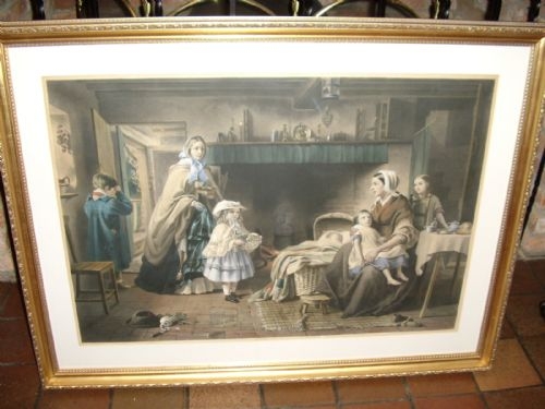 Antique VICTORIAN HAND COLOURED ENGRAVING PRODUCED BY G.S.SHURY OF FAMILY LIFE AT HOME AFTER PAINTING BY ARTIST T.BROOKS  C1860