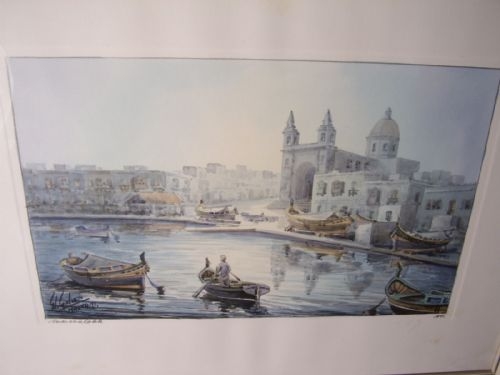 WATERCOLOUR OF MARSAXLOKK FISHING HARBOUR IN MALTA BY ARTIST G.L.GALIA 