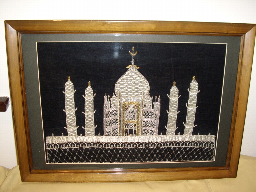 TAJ MAHAL HAND SEWN EMBROIDERY IN GOLD & SILVER HEAVY THREAD ON A BLACK VELVET BACKGROUND UNDER GLASS PRESENTED IN THE ORIGINAL MAHOGANY FRAME 21.75 X 15.5 INCHES