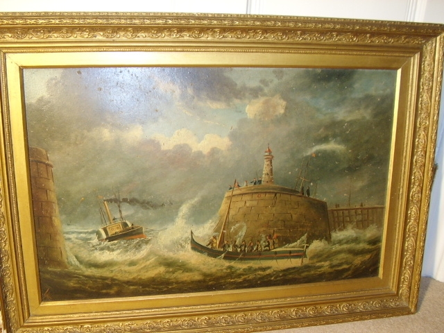 VICTORIAN 19TH CENTURY MARINE OIL PAINTING ON ARTISTS BOARD AFTER WILLIAM BROOMES ORIGINAL OF THE RAMSGATE LIFEBOAT RESCUE OF THE VESSEL CALLED THE INDIAN CHIEF & PRESENTED IN THE ORIGINAL DECORATIVE FRAME WITH MONOGRAMMED INITIALS 