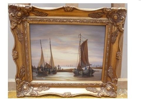 Antique MARINE OIL PAINTING BY BERNARD PAGE OF SAILING VESSELS IN THE DUTCH MANNER 