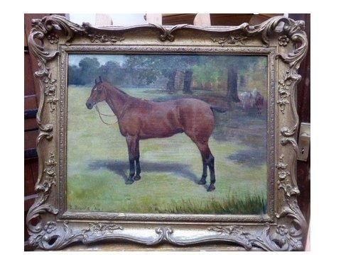 Antique Horse Oil Painting Dated c1904 in Beautiful Frame 