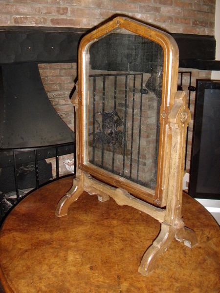 Antique GOTHIC HEAVY OAK TILTING TABLE MIRROR ON STAND C1850