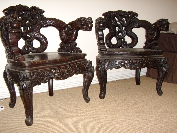 A PAIR OF CARVED MAHOGANY CHINESE DRAGON ARMCHAIRS C1900-20 FULLY REWAXED