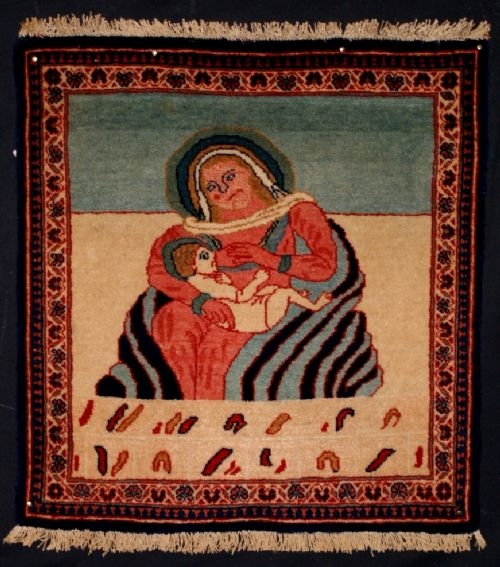 UNUSUAL ANTIQUE SAROUK POSHTI, MOTHER AND CHILD, CIRCA 1920.