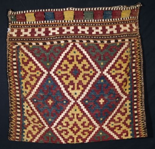 OLD AFGHAN KILIM STORAGE BAG, WONDERFUL GRAPHICS C 1920 