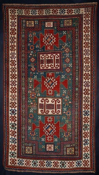 ANTIQUE KARACHOPH KAZAK, GREEN GROUND, 2ND 1/2 19TH CENTURY  