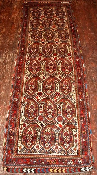 ANTIQUE SOUTH WEST PERSIAN QASHQAI RUNNER, BOTEH DESIGN, CIRCA 1900