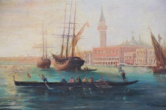 Antique Early 20th Century oil painting of the Venetian lagoon