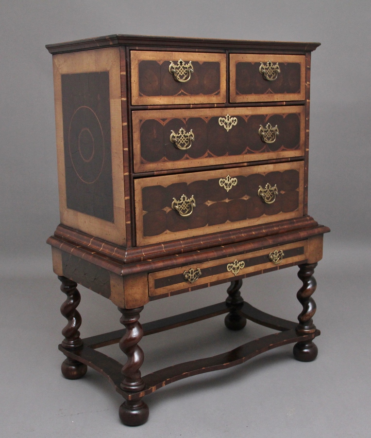 Antique Early 20th Century laburnam oyster chest on stand in the style of William & Mary