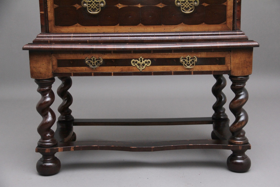 Antique Early 20th Century laburnam oyster chest on stand in the style of William & Mary