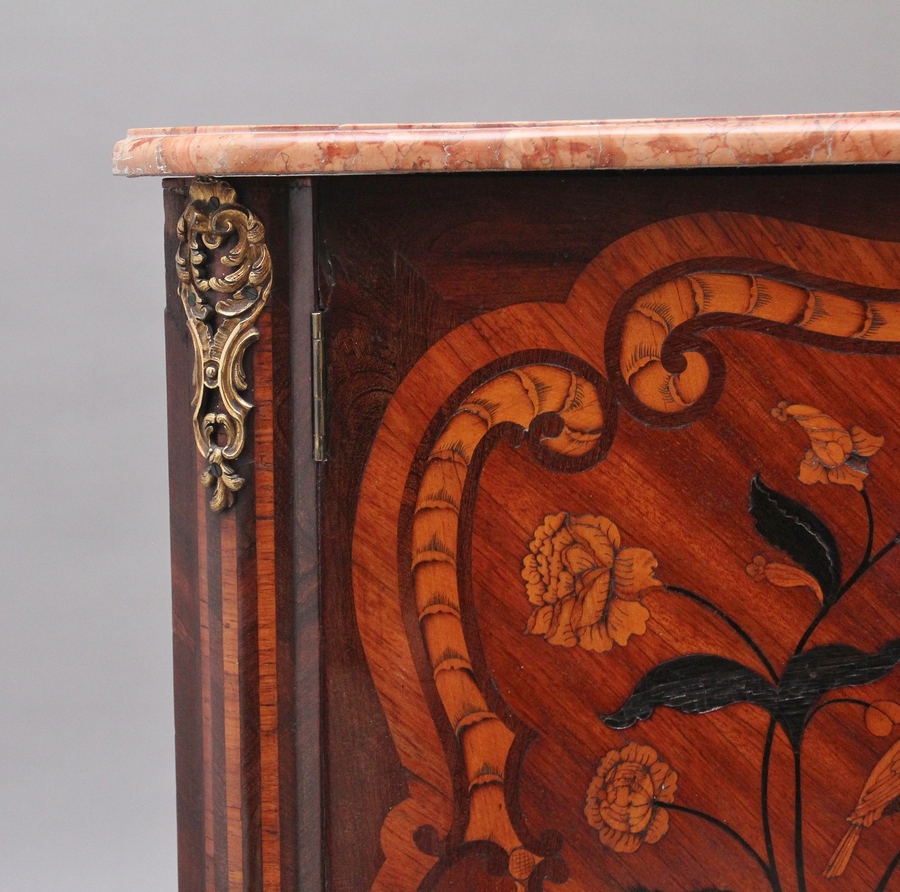 Antique 18th Century French inlaid tulipwood and marble top corner cupboard