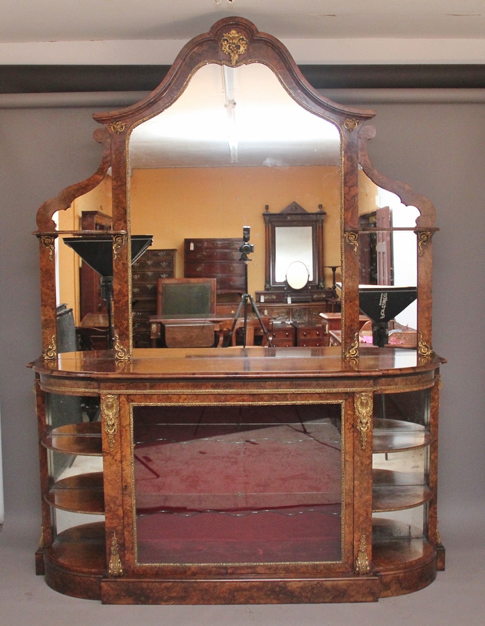 Exhibition quality antique 19th Century burr walnut mirror back credenza