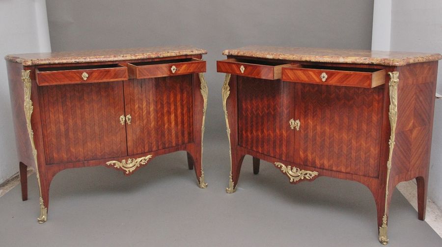 Antique Pair 19th Century French Kingwood and marble top commodes