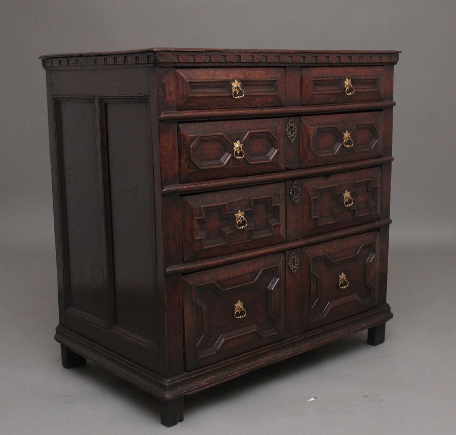 Antique Early 18th Century oak moulded front chest of drawers from the Stuart period