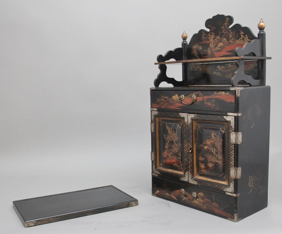 Antique 19th Century black lacquered and painted table cabinet