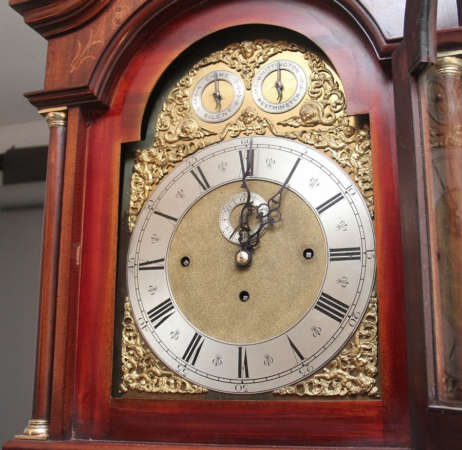Antique Early 20th Century inlaid mahogany musical longcase clock