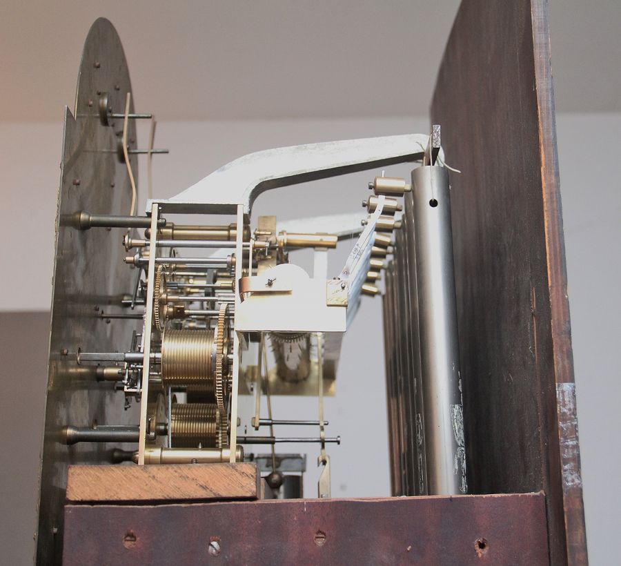 Antique Early 20th Century inlaid mahogany musical longcase clock