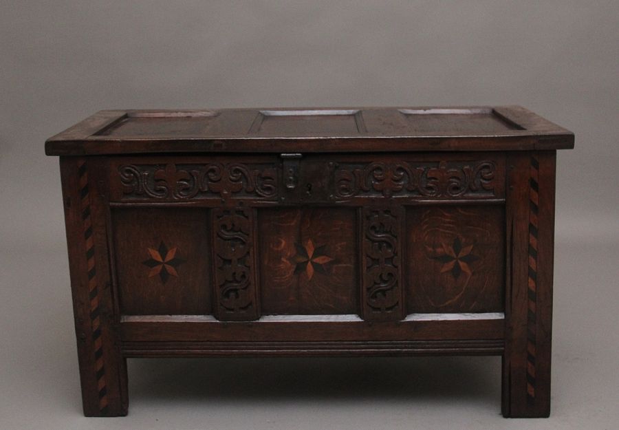 Antique 18th Century carved and inlaid oak coffer