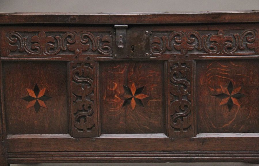 Antique 18th Century carved and inlaid oak coffer