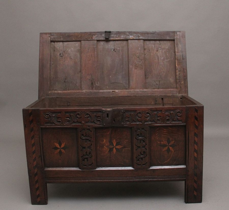 Antique 18th Century carved and inlaid oak coffer